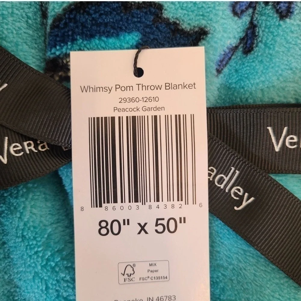 Vera Bradley Peacock Garden Whimsy Pom Throw Blanket 80